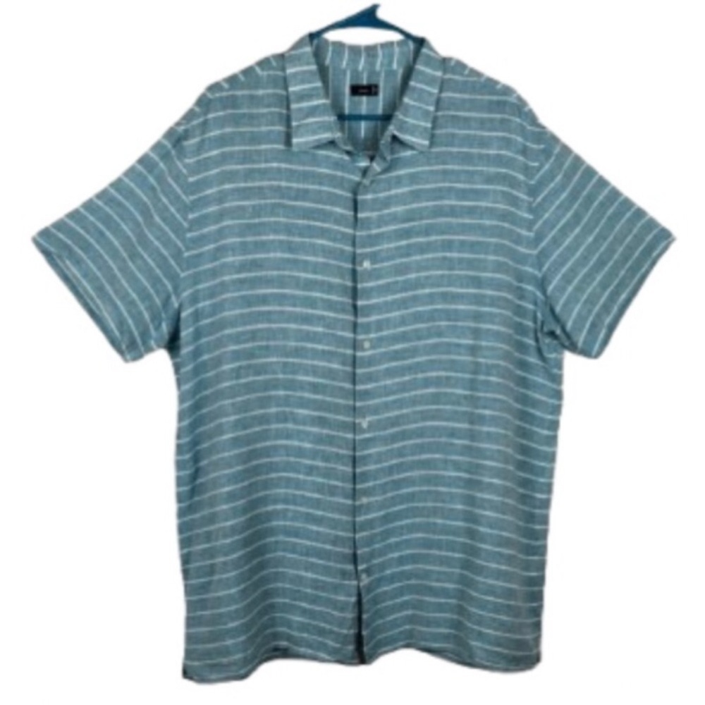 Vince Shirt Linen Blend Teal White Striped Button Down Short Sleeve Men’s XXL